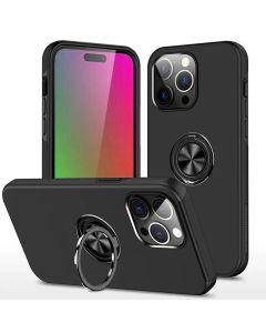 Magnetic Ring Stand Hybrid Case Cover For iPhone 16 Pro - Black 