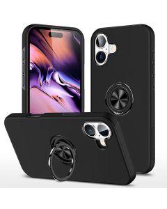 Magnetic Ring Stand Hybrid Case Cover For iPhone 16 Plus - Black 